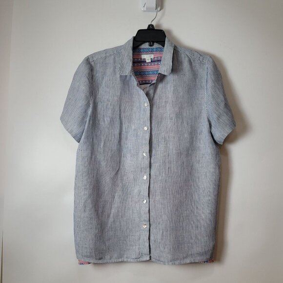 J.Jill Womens Striped Linen Blend Button-Up Short Sleeve Shirt With Floral & Geo - Picture 2 of 16